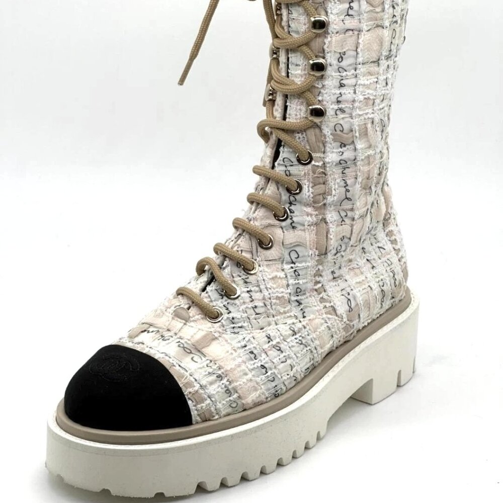 CHANEL 22C CC Cap Toe Lace Up Tweed Combat Lug Sole Ankle Bootie Boots - Picture 3 of 15